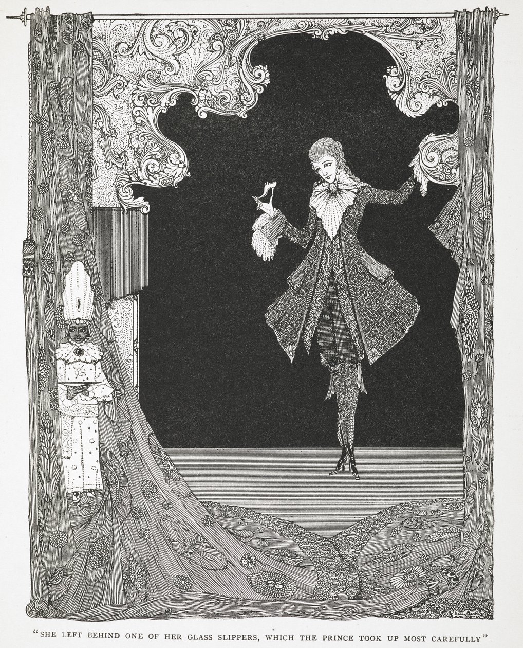 Lasciò indietro una delle sue scarpette di vetro, che il Principe raccolse con molta cura. Illustrazione per la storia Cenerentola o La piccola scarpetta di vetro da Harry Clarke