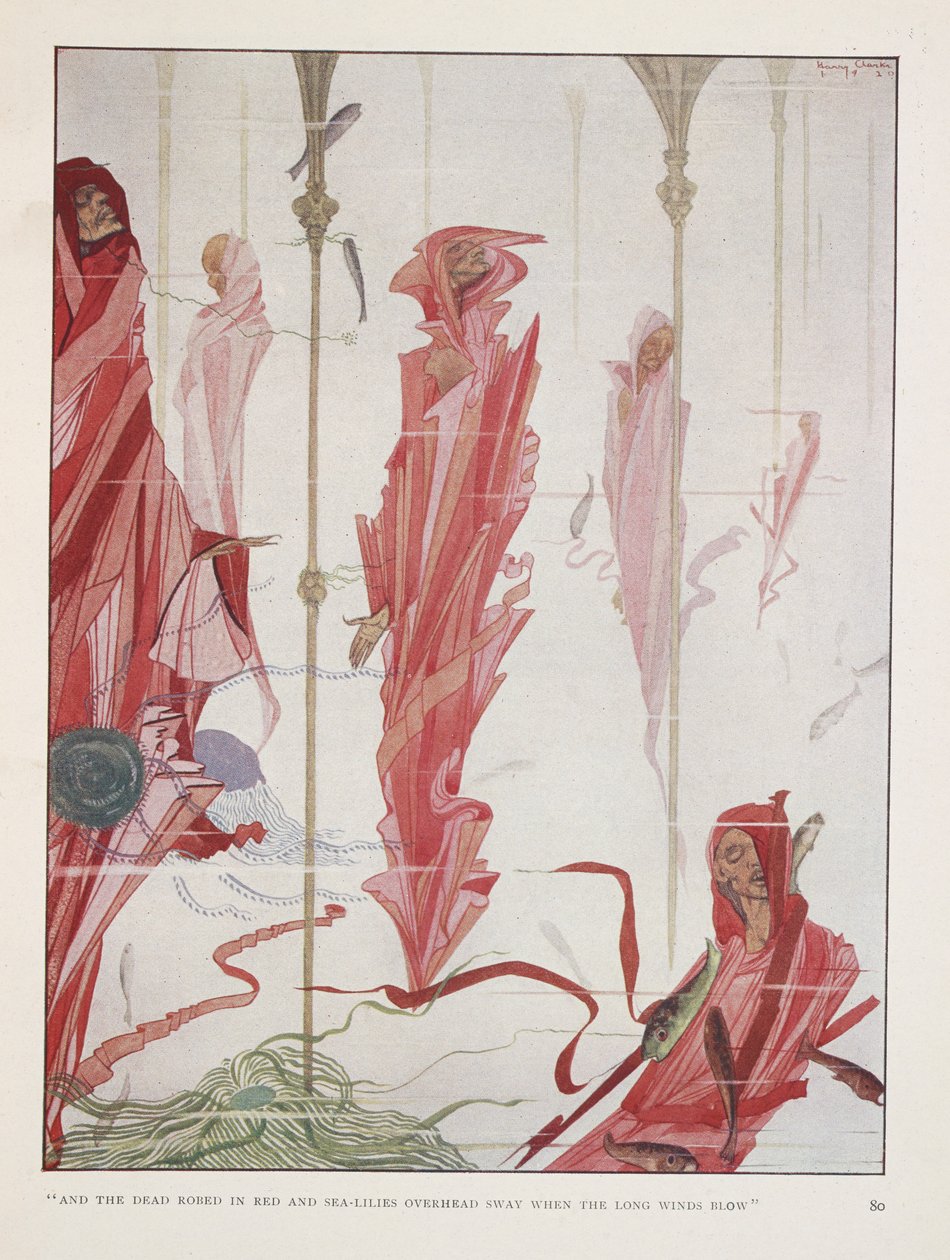 Il patriota morente. E i morti vestiti di rosso e gigli di mare sopra di loro ondeggiano quando soffiano i lunghi venti da Harry Clarke
