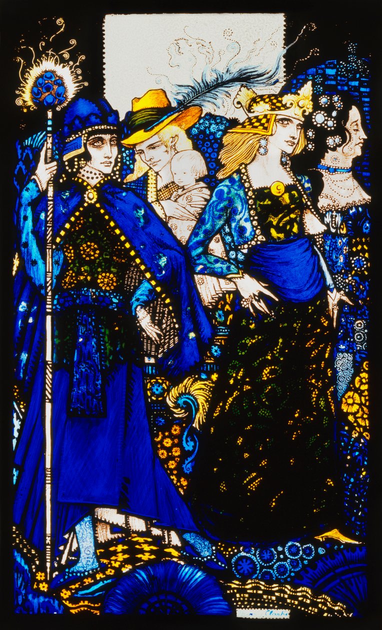 Le regine di Saba, Meath e Connaught, nove pannelli di vetro incisi, macchiati e dipinti, illustrando la poesia di J.M. Synge, 1917 da Harry Clarke