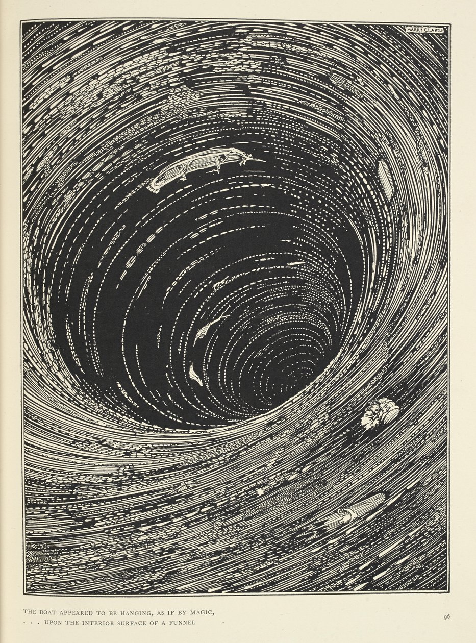 "La barca sembrava essere sospesa, ... sulla superficie interna di un imbuto vasto in circonferenza." Illustrazione per la storia 