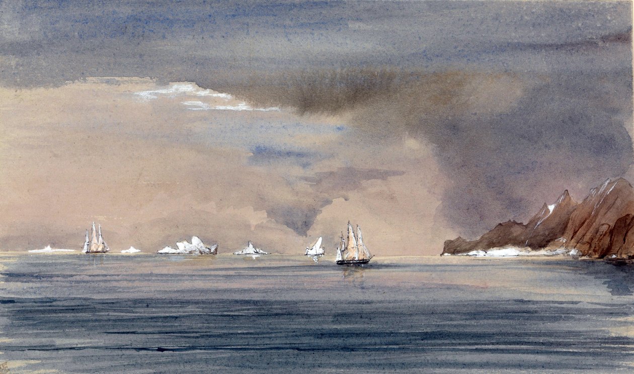 Gli iceberg al largo di Capo Horn (Cile), con la silhouette della HMS Tribune. Dipinto del Vice Ammiraglio Harry Edmund Edgell (1809-1876), acquerello 1856. da Harry Edmond Edgell