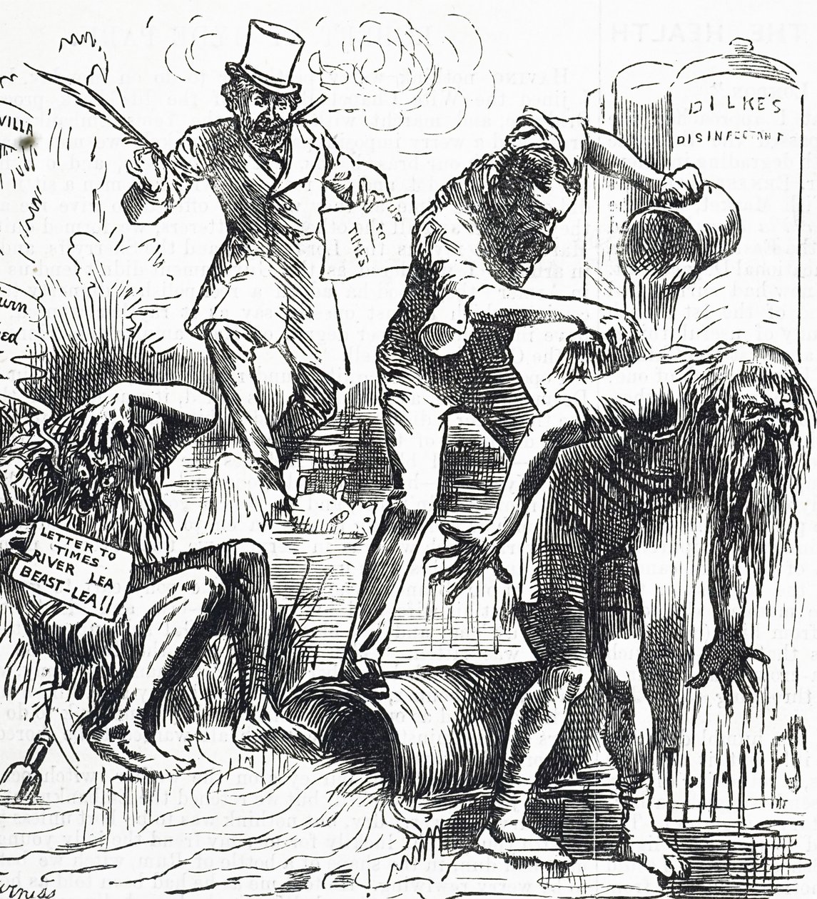 Cartone animato che raffigura i fiumi Tamigi e Lea attaccati a causa delle loro condizioni sporche da Harry Furniss