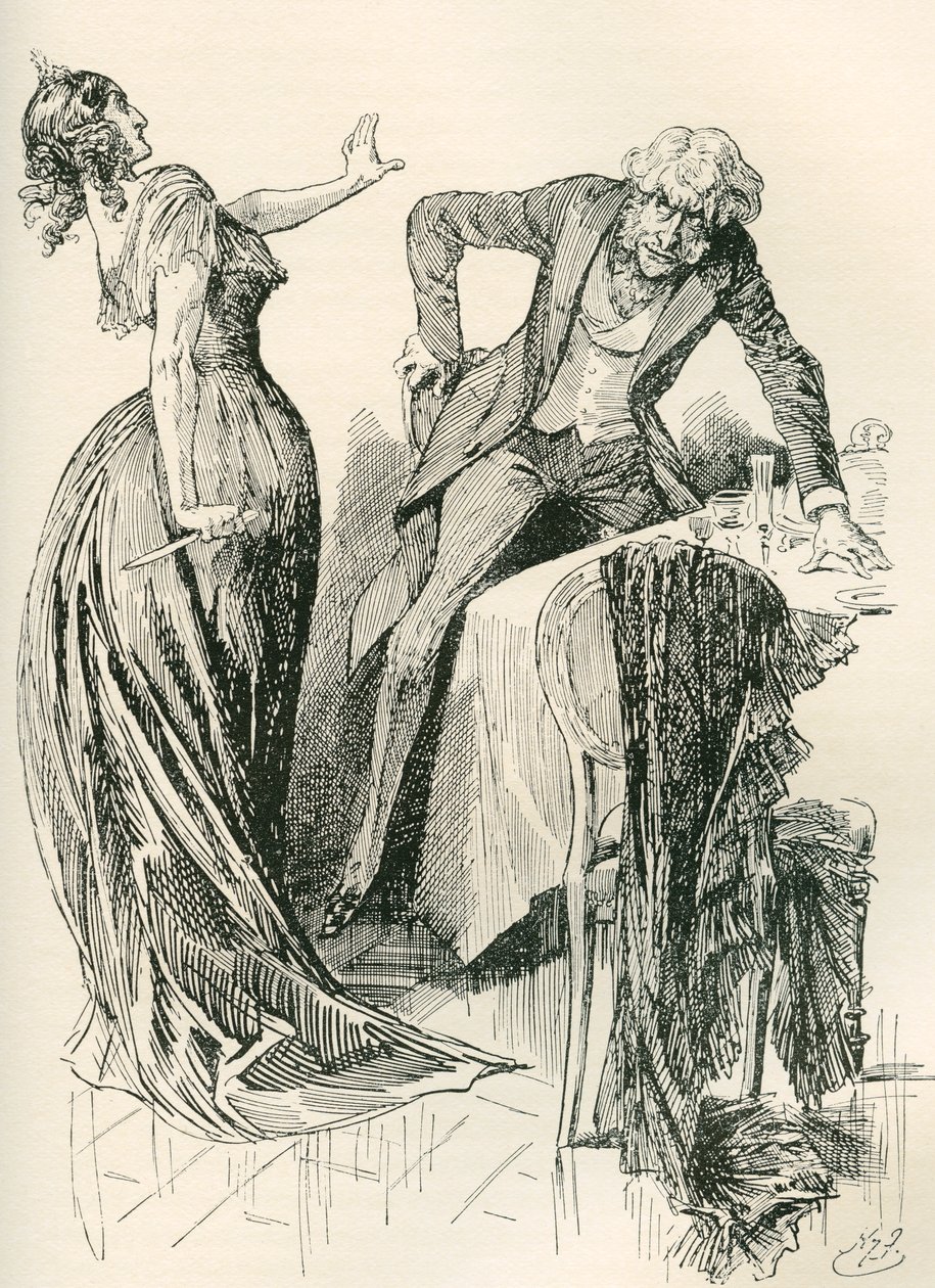 Edith e Mr. Carker. "Stava venendo verso di lei allegramente, quando, in un istante, lei afferrò il coltello dal tavolo e fece un passo indietro. "Fermo," disse, "o ti ucciderò!" Illustrazione di Harry Furniss per il romanzo di Charles Dickens da Harry Furniss