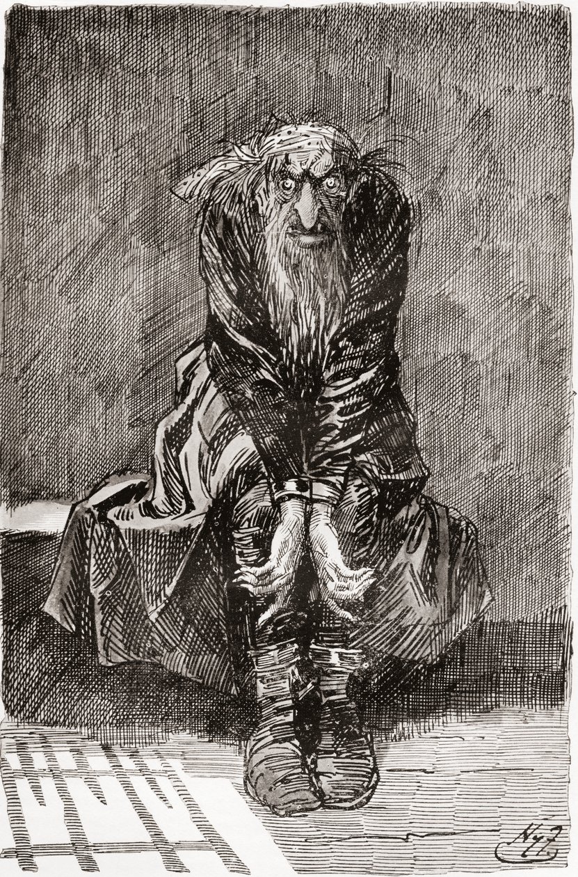 Fagin nella cella dei condannati. "Si sedette su una panca di pietra di fronte alla porta, che serviva da sedile e letto, e gettando i suoi occhi iniettati di sangue a terra, cercò di raccogliere i suoi pensieri." Illustrazione di Harry Furniss per il roma da Harry Furniss