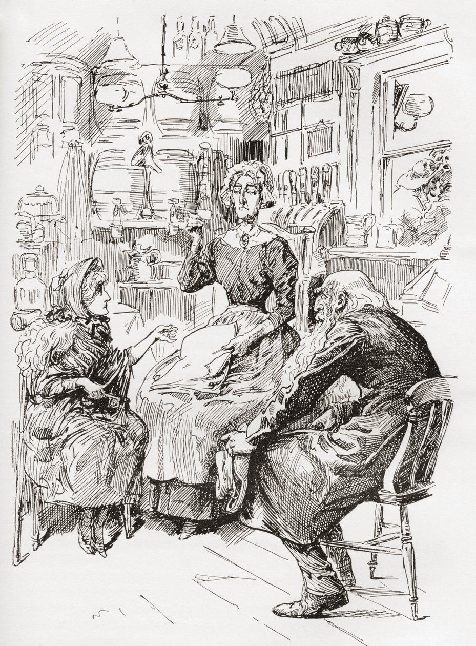 Il signor Riah e la signorina Wren ai Sei Allegri Compagni Portatori. "Aspetta un attimo," intervenne la signorina Wren. "Darò alla signora il mio biglietto da visita." Lo tirò fuori dalla tasca dopo aver lottato con la gigantesca chiave della porta che lo da Harry Furniss