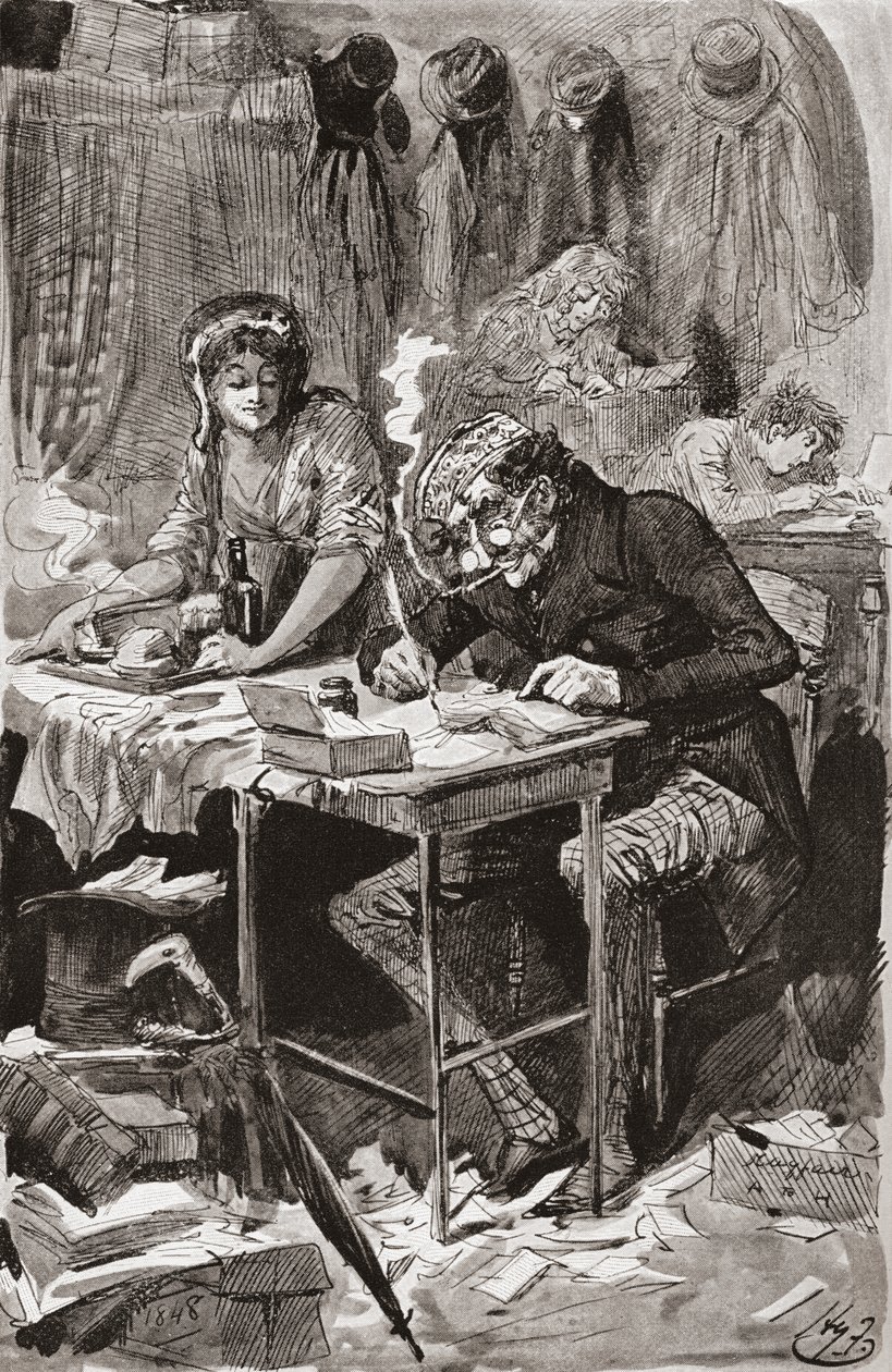 Il mendicante scrittore di lettere (illustrazione per il romanzo Grandi Speranze di Charles Dickens, edizione Testimonial, 1910) da Harry Furniss