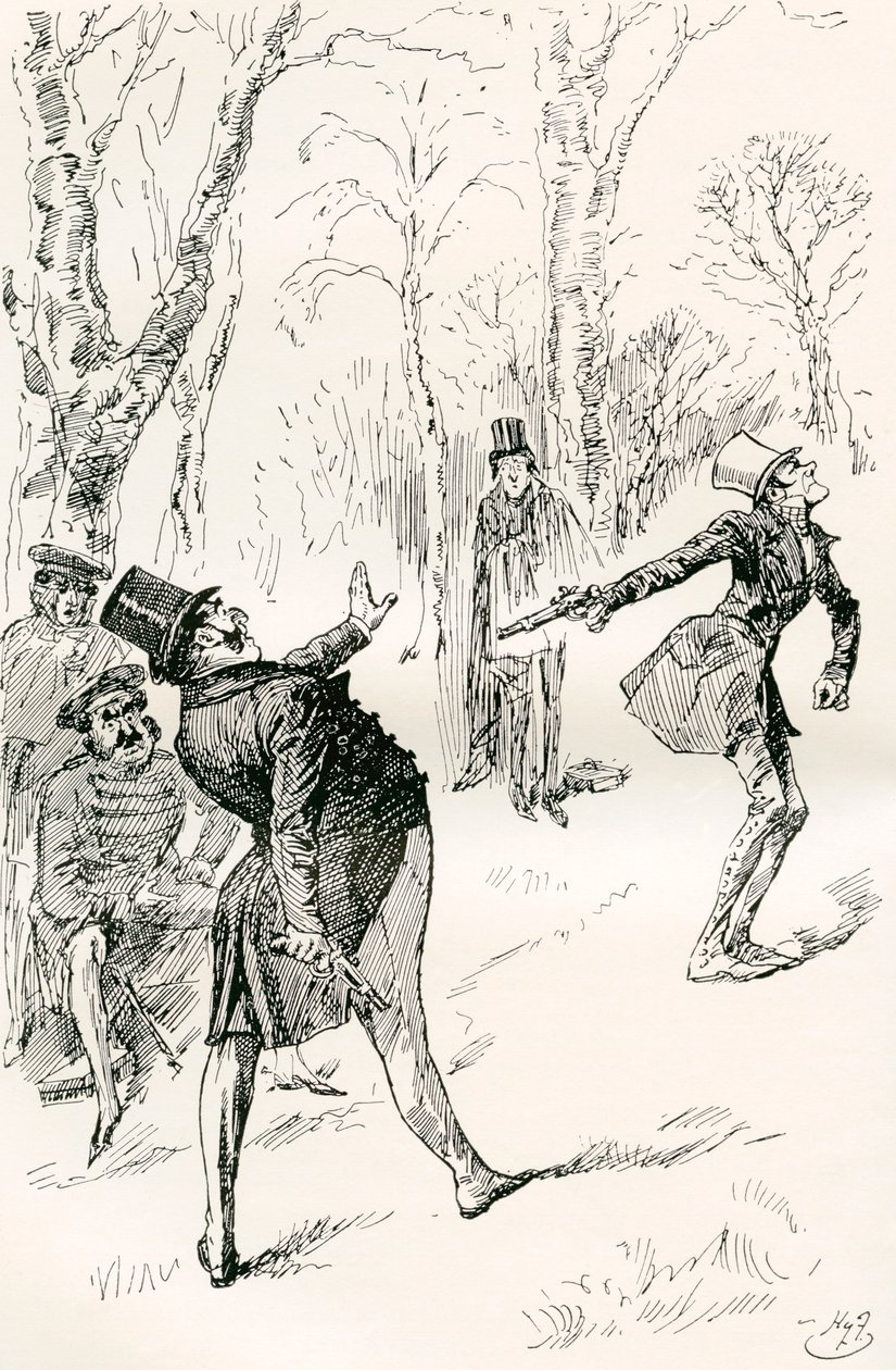 Il duello dopo il ballo. "Gli occhi di Mr. Winkle essendo chiusi, gli impedirono di osservare il comportamento molto straordinario e inspiegabile del dottor Slammer. Quel gentiluomo fissò, si strofinò gli occhi e, infine, gridò "Fermati, fermati! non è lui da Harry Furniss