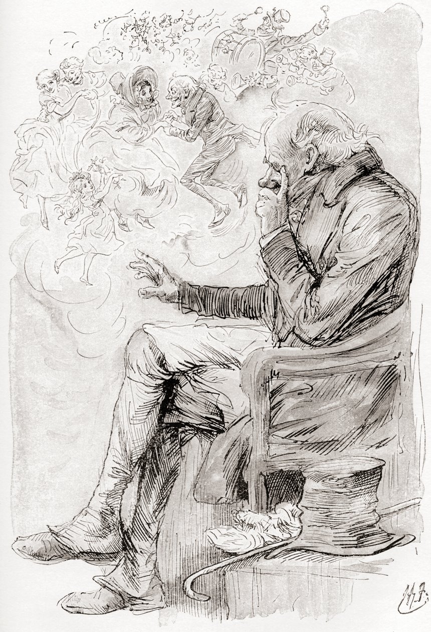 Il sogno di Trotty. "Trotty ha sognato? O sono le sue gioie e dolori, e gli attori in essi, solo un sogno; lui stesso un sogno; il narratore di questa storia un sognatore, svegliandosi solo ora?" Illustrazione di Harry Furniss per il racconto Le campane da da Harry Furniss