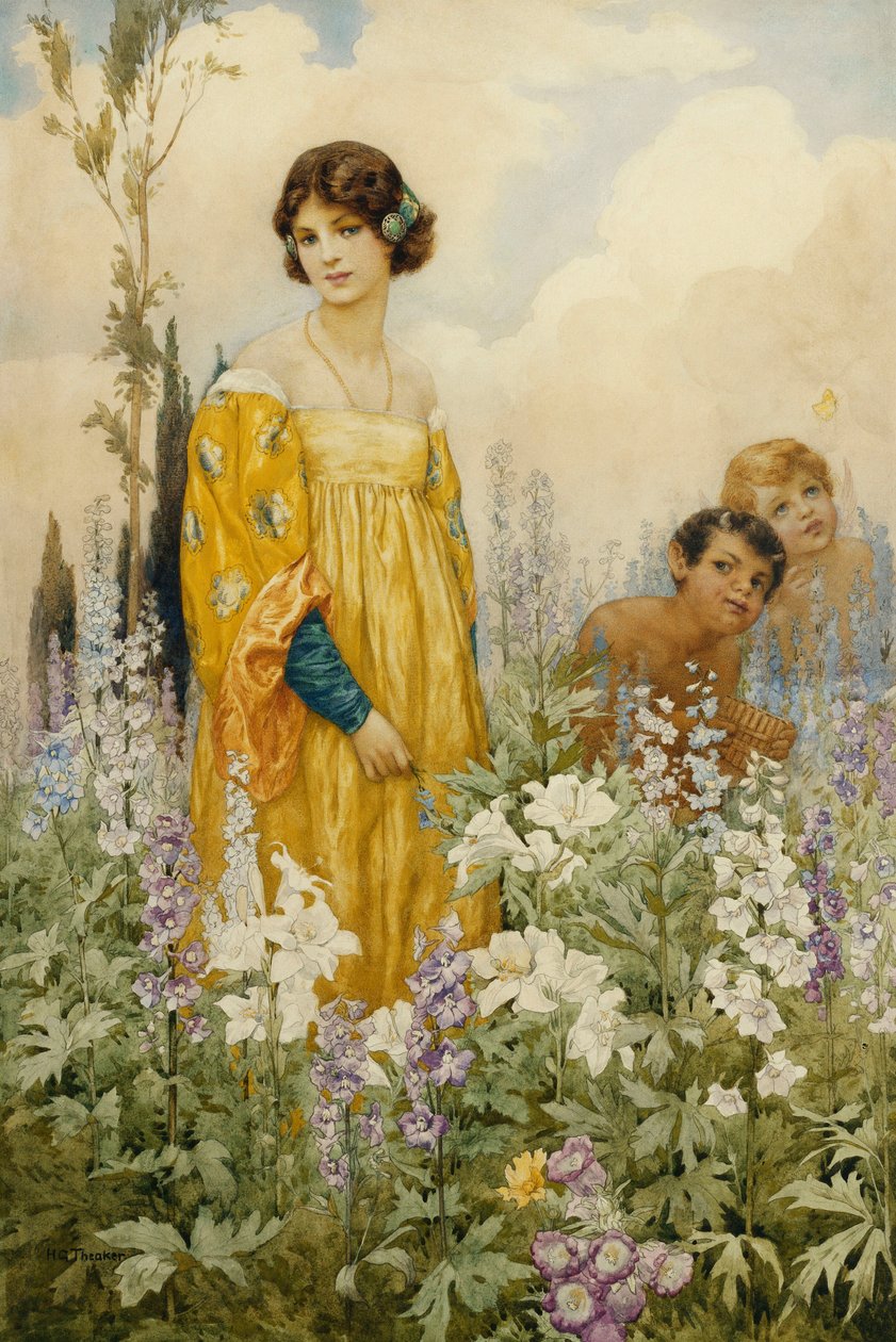 Una fanciulla con Pan e Cupido in un giardino selvaggio (matita e acquerello su carta) da Harry George Theaker