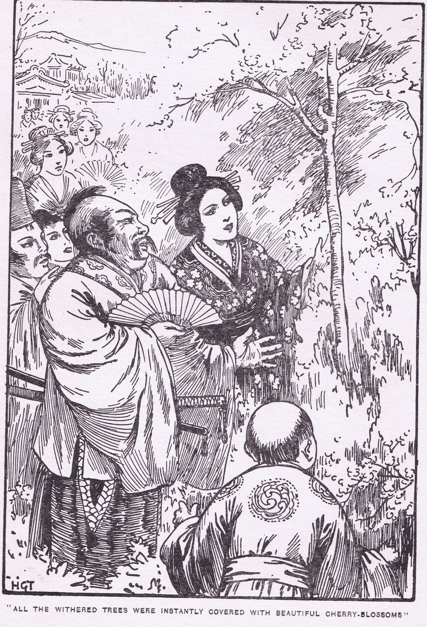 Tutti gli alberi appassiti si ricoprirono immediatamente di splendidi fiori di ciliegio (Il vecchio che faceva fiorire gli alberi appassiti) (litografia) da Harry George Theaker