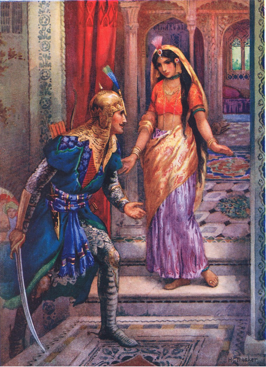 Vedendo Rama, si precipitò in avanti. Dalle Avventure di Rama e Sita, illustrazione da "Storie per bambini di leggende indiane", anni 