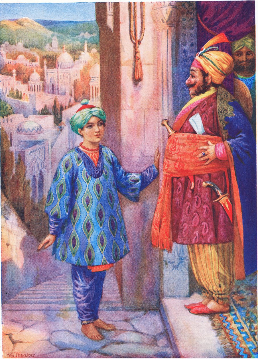 Chiese udienza al Gran Visir. Dal Ragazzo che vedeva i passi, illustrazione tratta da "Storie per bambini di leggende indiane", anni 