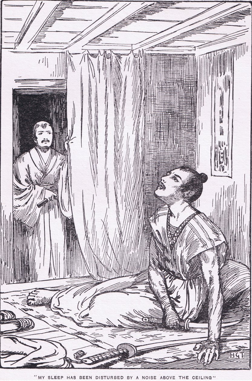 Il suo sonno fu disturbato da un rumore sopra il soffitto (da Altre storie di Raiko) (litografia) da Harry George Theaker