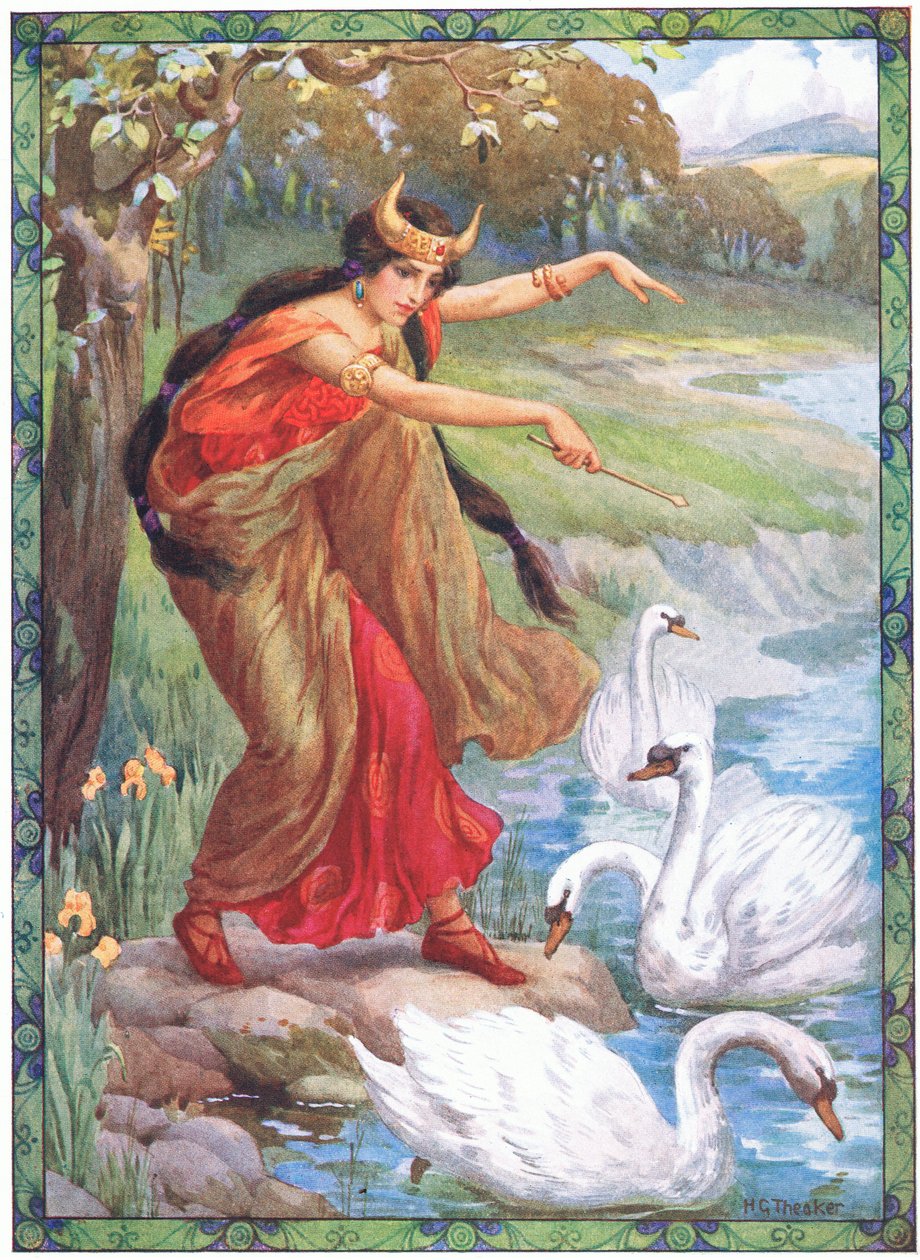"Invece dei quattro bambini che cosa vide" (dai Bambini di Lir) (litografia a colori) da Harry George Theaker