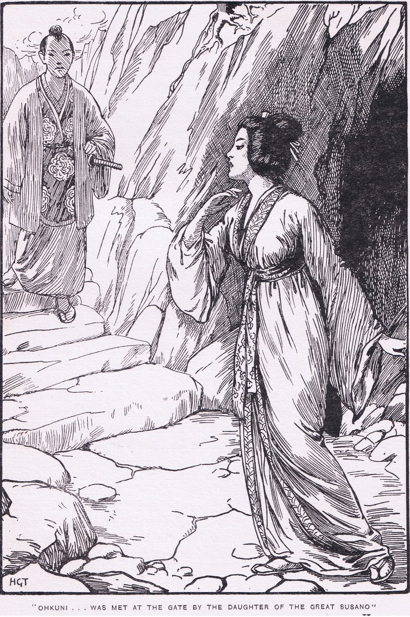 Okhuni fu accolto al cancello dalla figlia del grande Susano (da Susano e Ohkuni) (litografia) da Harry George Theaker