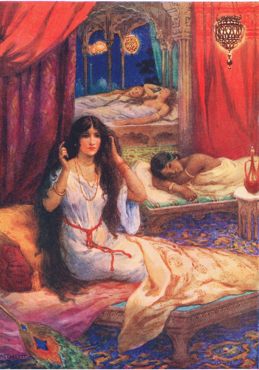 Pabhavati si svegliò di soprassalto. Dal Principe dal cuore duro, illustrazione da "Storie per bambini di leggende indiane", anni 