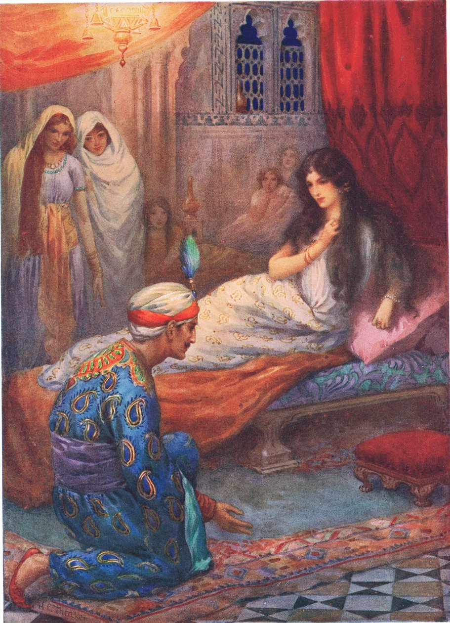 Il principe Feroze-Shah risveglia la bella principessa, illustrazione da "Storie per bambini delle Mille e una notte", di Rose Yeatman Woolf, 1920 circa (litografia a colori) da Harry George Theaker