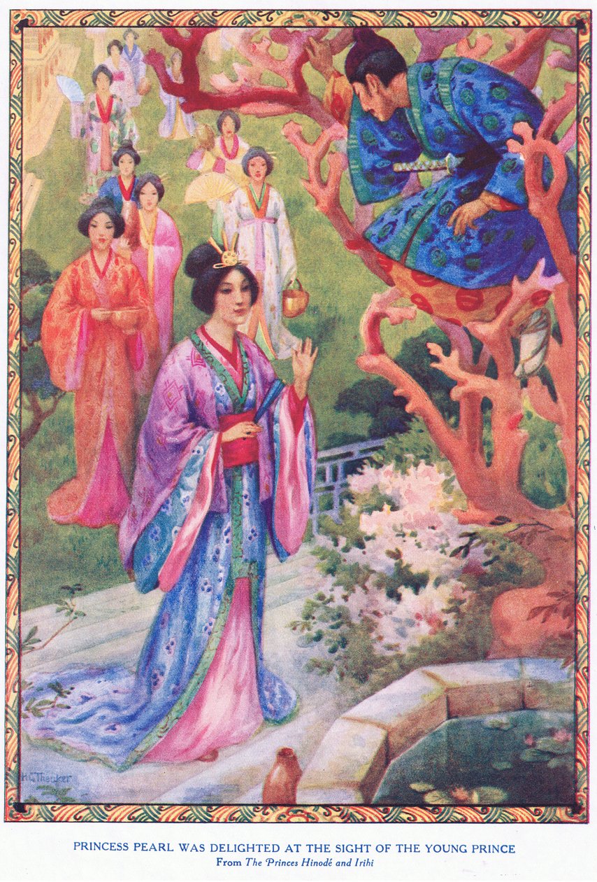 La principessa Perla si rallegra alla vista del giovane principe (da La principessa Hinode e Irihi) (litografia) da Harry George Theaker