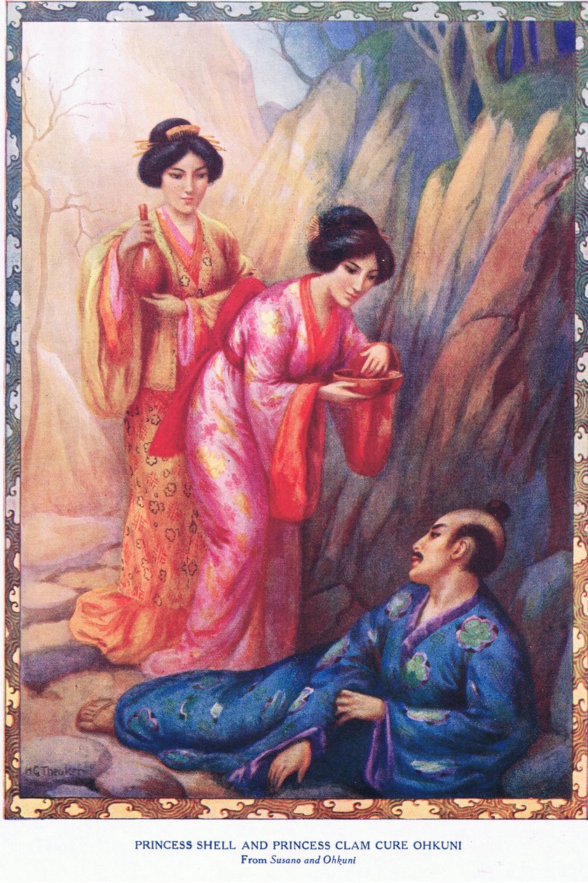 La principessa conchiglia e la principessa vongola curano Ohkuni (da Susano e Ohkuni) (litografia) da Harry George Theaker