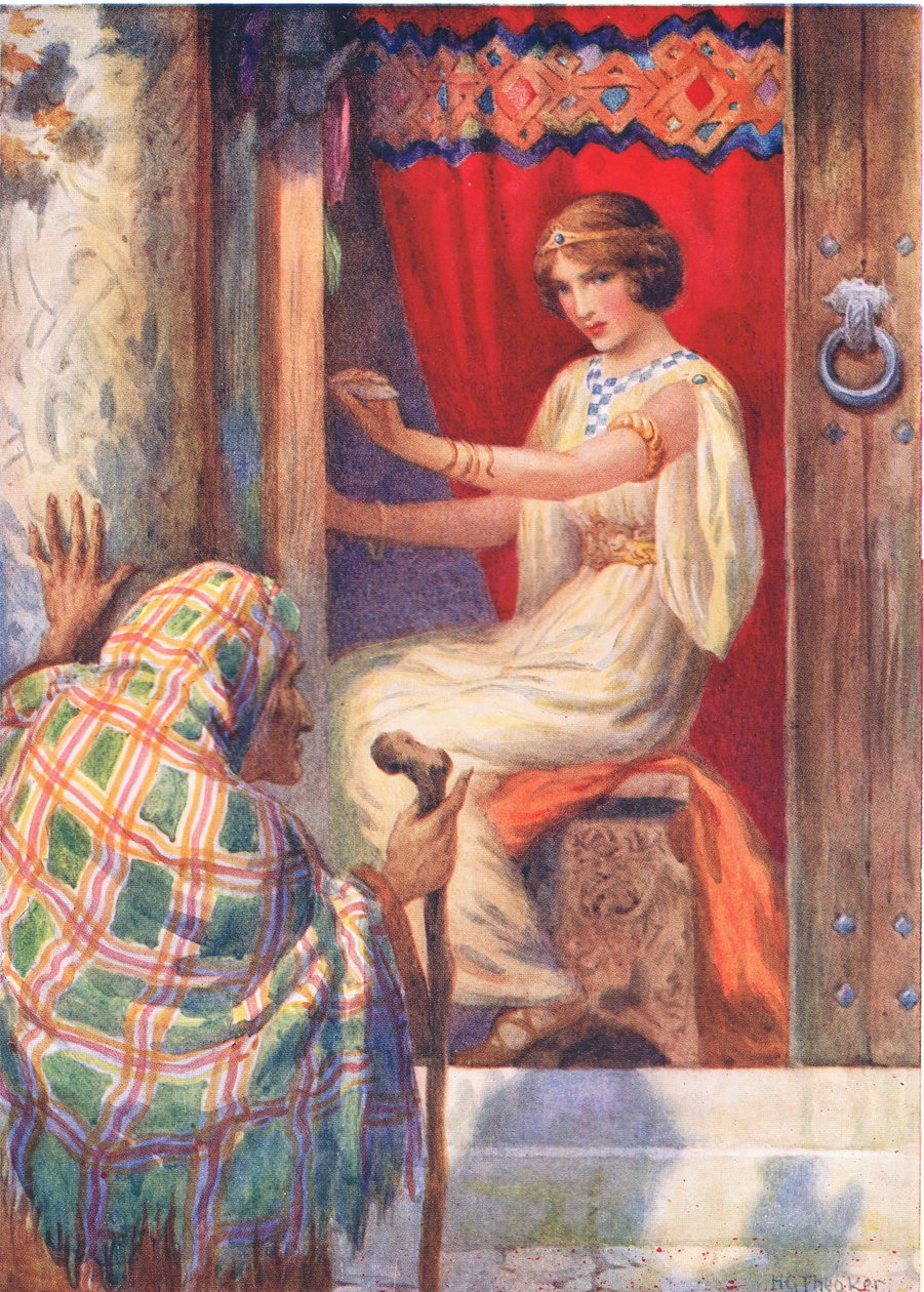 La regina Frigga e il Beldame" da "Baldur il Belobato", illustrato in "Storie per bambini delle leggende del Nord", pubblicato da Raphael Tuck. da Harry George Theaker