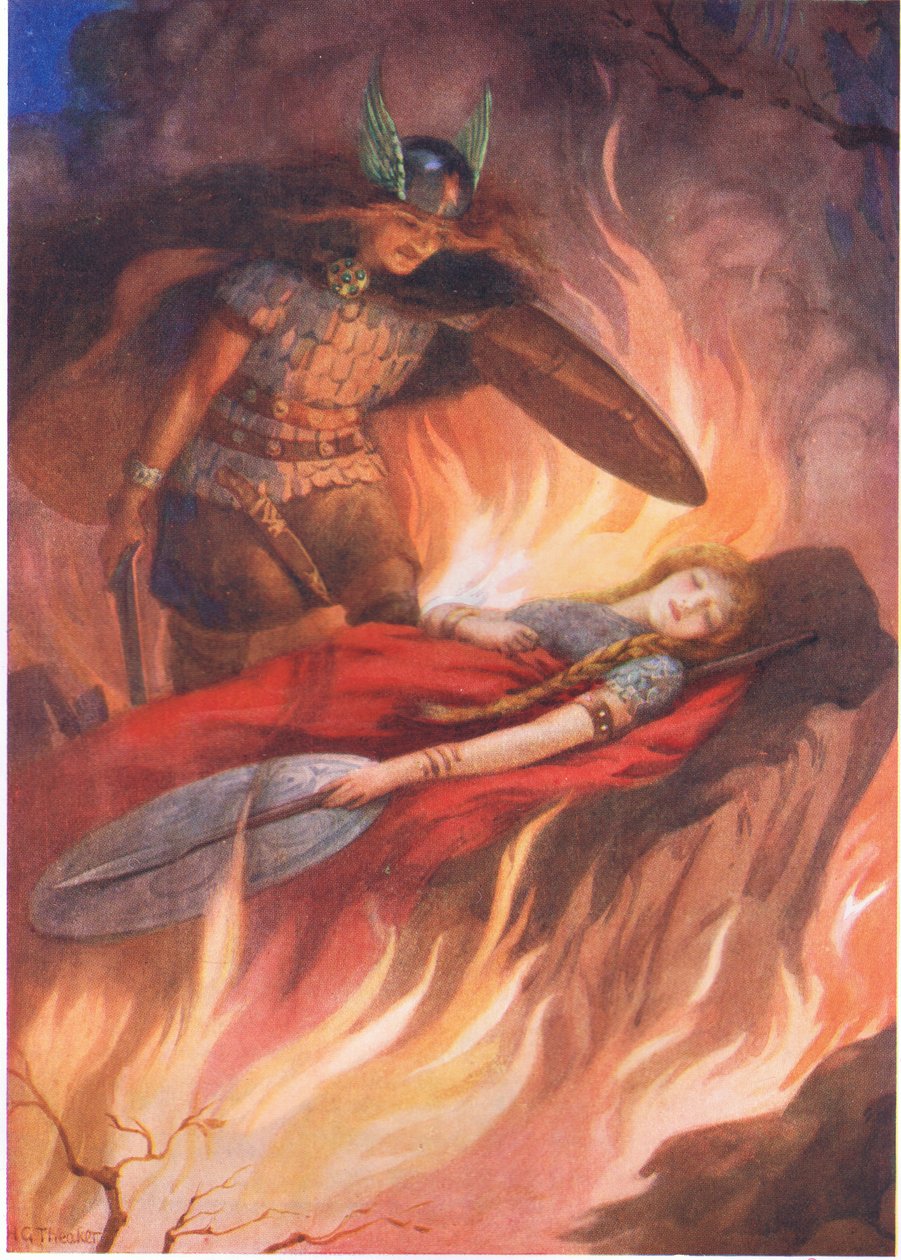 Sigurd e Brynhild" da "La spada dei Volsung" illustrato in "Storie per bambini dalle leggende del Nord" pubblicato da Raphael Tuck (litografia a colori) da Harry George Theaker