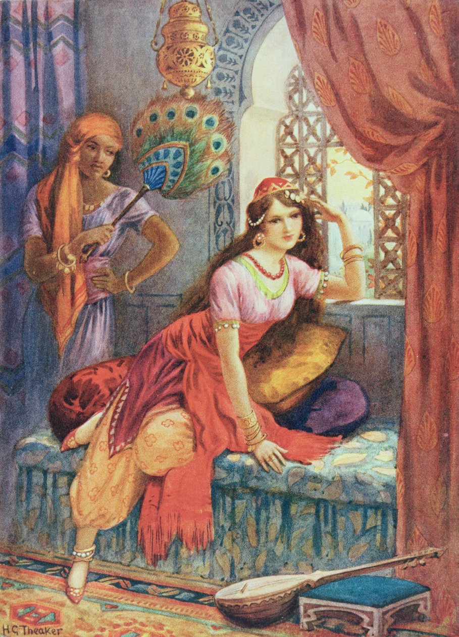 La sposa di Sinbad, illustrazione da "Storie per bambini delle Mille e una notte", di Rose Yeatman Woolf, 1920 circa (litografia a colori) da Harry George Theaker