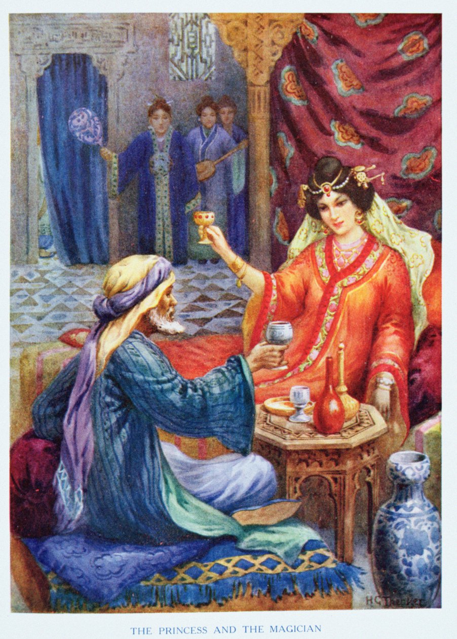 La principessa e il mago, illustrazione da "Storie per bambini delle Mille e una notte", di Rose Yeatman Woolf, 1920 circa (litografia a colori) da Harry George Theaker