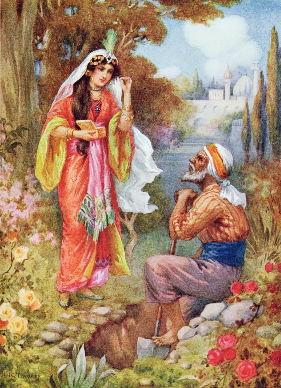 La principessa e le perle, illustrazione da "Storie per bambini delle Mille e una notte", di Rose Yeatman Woolf, 1920 circa (litografia a colori) da Harry George Theaker