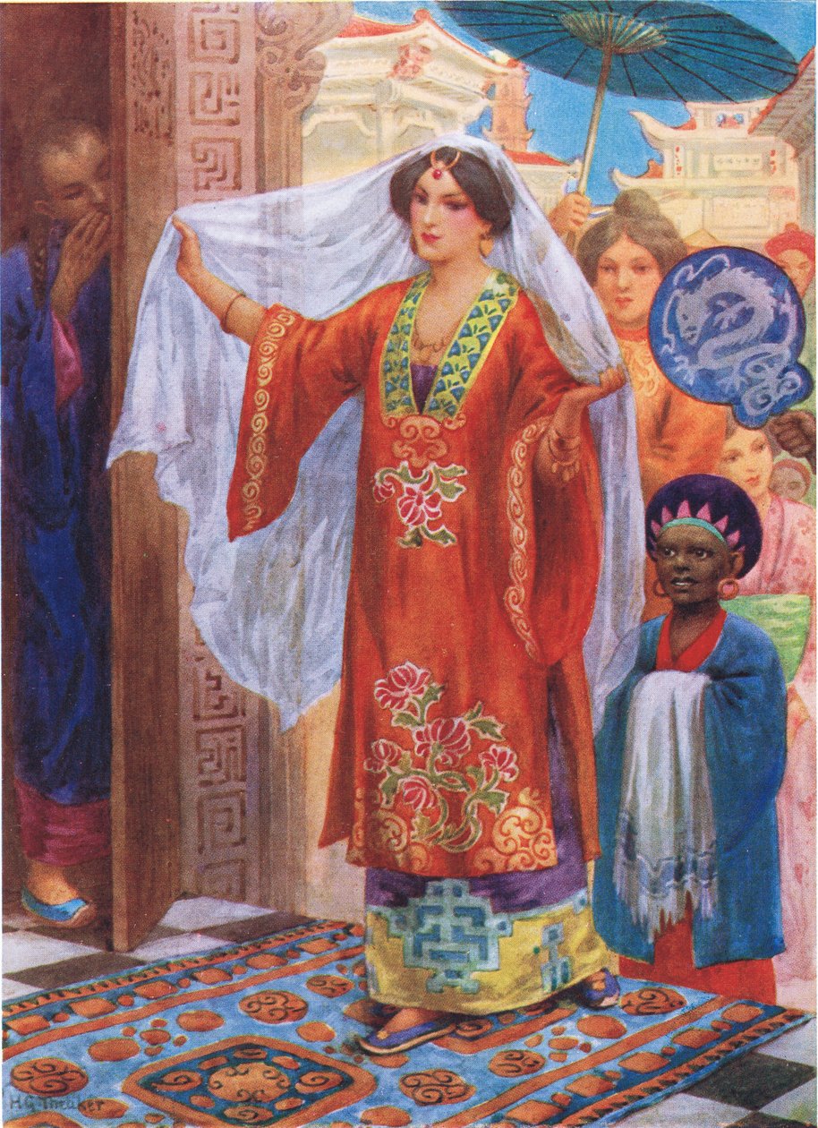 La principessa che va al bagno, illustrazione da "Storie per bambini delle Mille e una notte", di Rose Yeatman Woolf, 1920 circa (litografia a colori) da Harry George Theaker