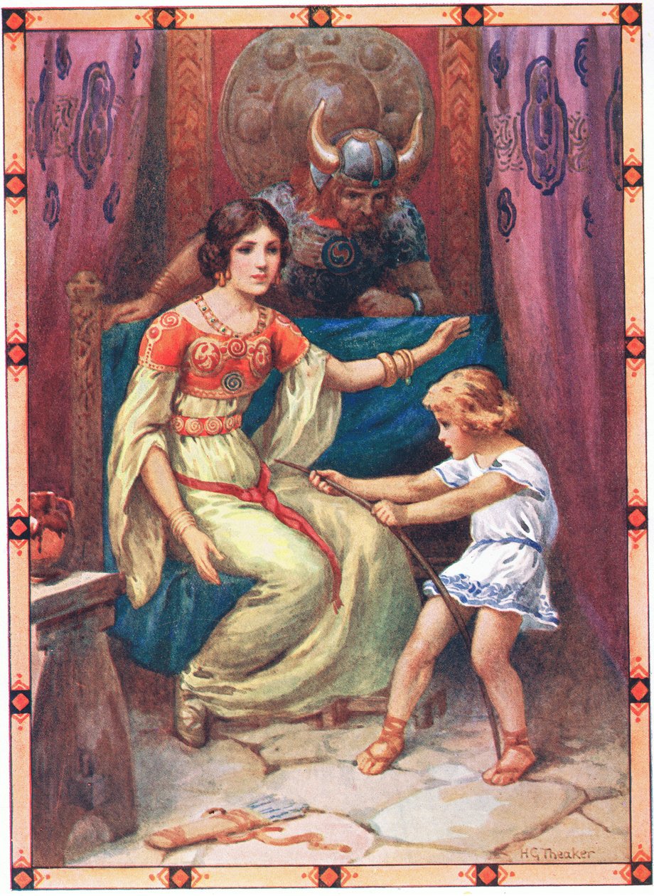 Il bambino mostrava segni di grande forza (dal Tiranno delle Isole) (litografia a colori) da Harry George Theaker