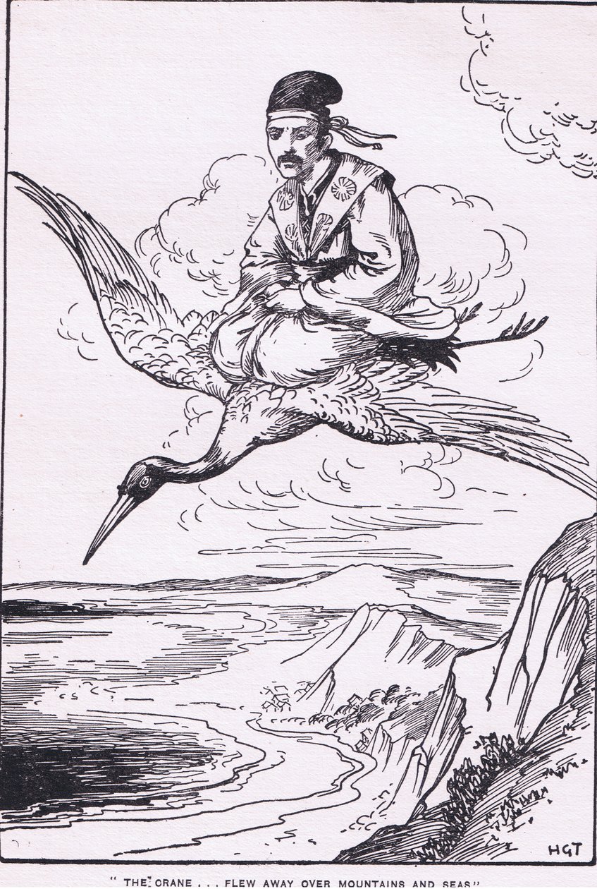 La gru volava via su monti e mari (dalla Storia di Sentaro) (litografia) da Harry George Theaker