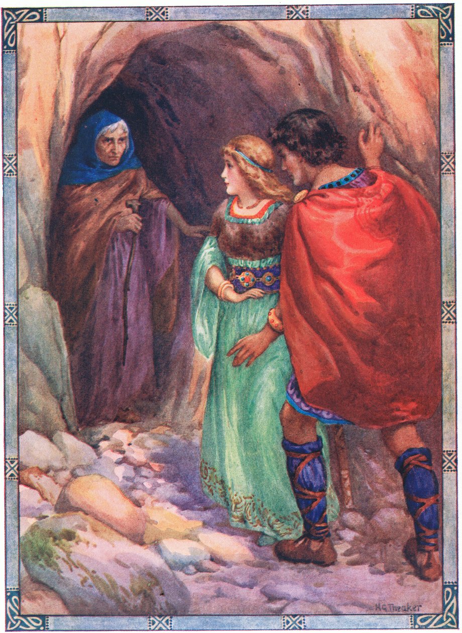 Giunsero a una grotta in riva al mare (da Diarmud e Grania) (litografia a colori) da Harry George Theaker