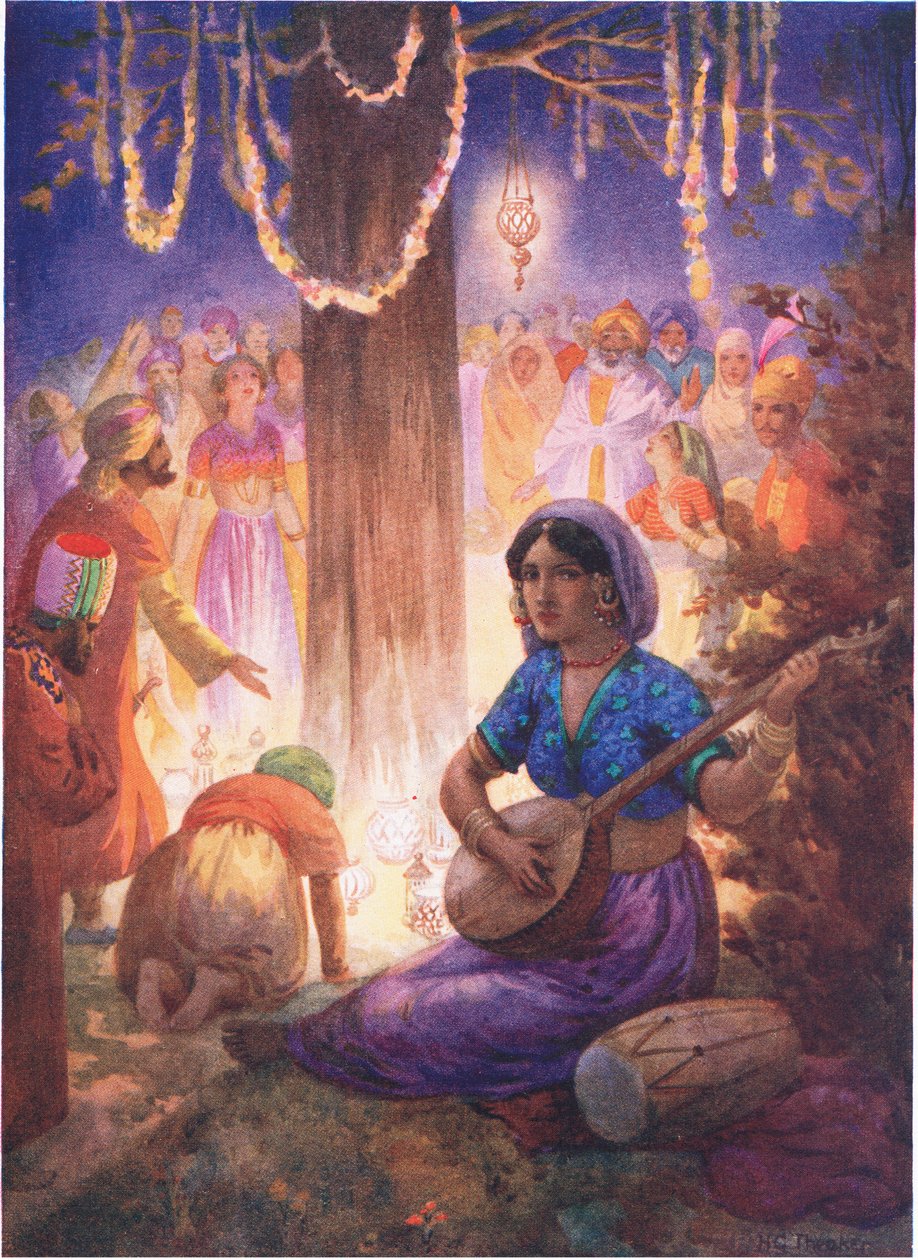 Venivano con ghirlande, lampade e musica. Dalla Colonna dei Re, illustrazione da "Storie per bambini dalle leggende indiane", anni 