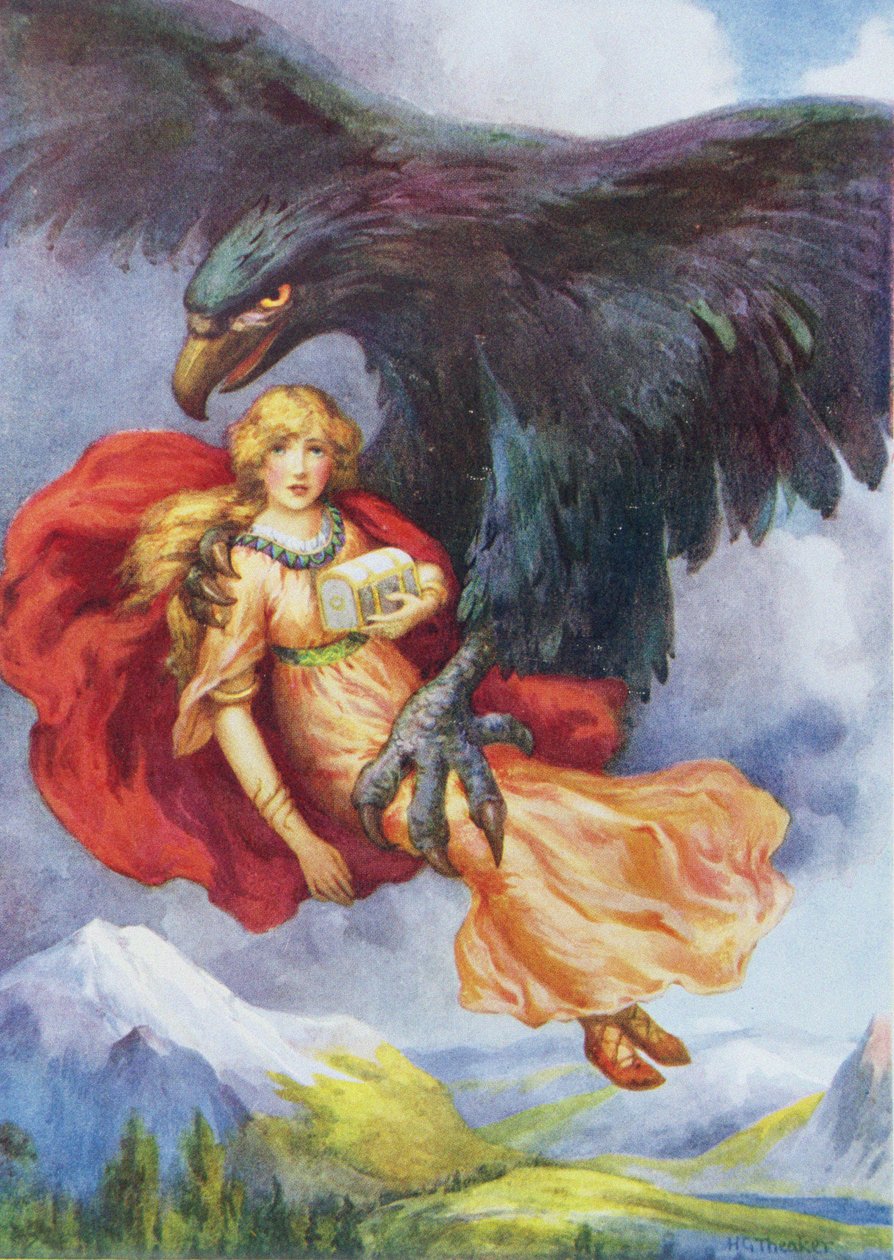 Thiassi e Iduna", da "Le mele di Iduna", illustrato in "Storie per bambini dalle leggende del Nord" pubblicato da Raphael Tuck (litografia a colori) da Harry George Theaker