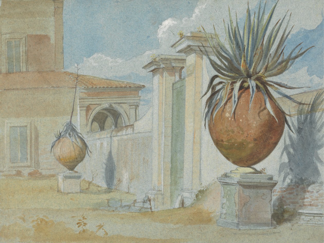Villa Massimi, Roma: Porta affiancata da palme in grandi vasi di terracotta da Harry John Johnson