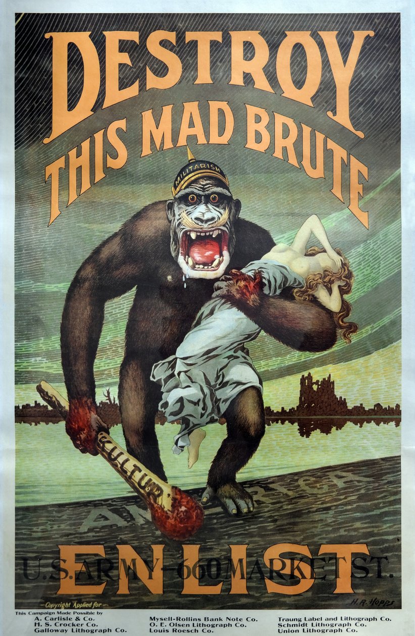 Campagna di reclutamento militare USA nella Prima Guerra Mondiale "Distruggi questo bruto pazzo - Arruolati" pub. 1917 da Harry R. Hopps