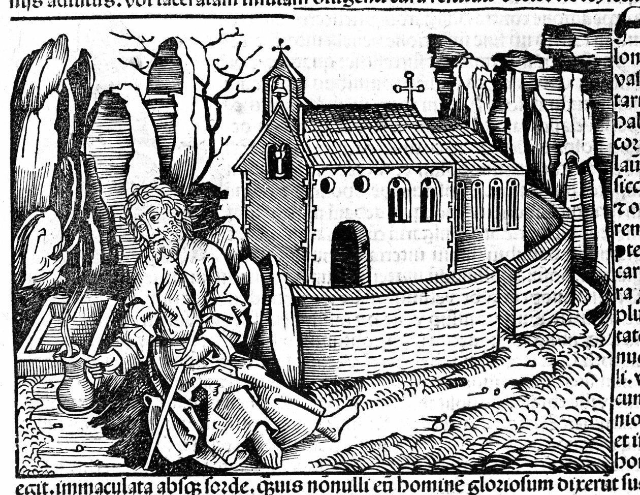 Un pellegrino si ferma in un monastero durante il suo viaggio dopo la "Cronaca di Norimberga" di Hartmann Schedel da Hartmann Schedel
