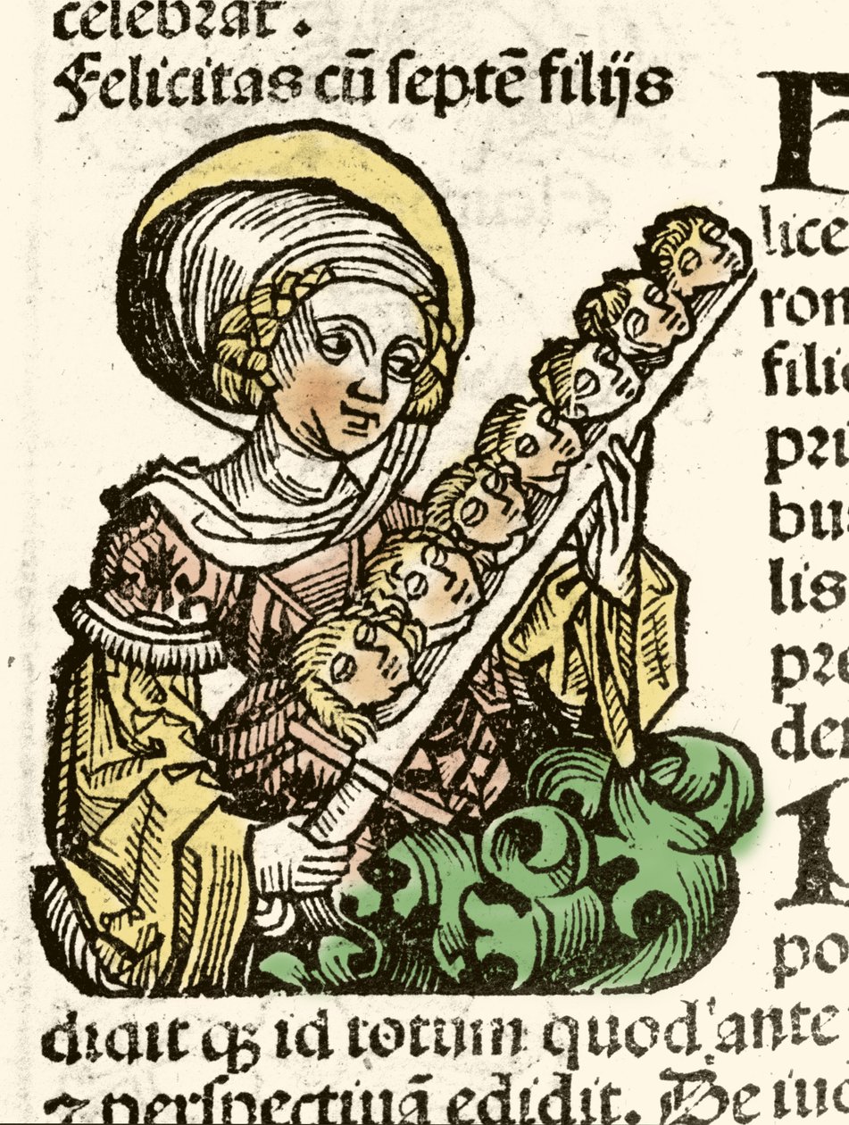 Rappresentazione di Santa Felicita, martirio a Roma con le teste dei suoi sette figli. xilografia di Hartmann Schedel 