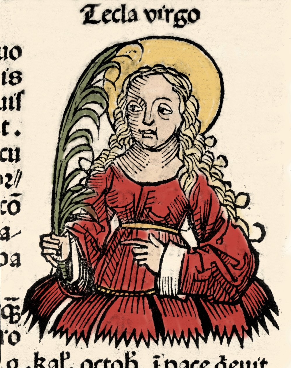 Rappresentazione della Vergine e del Martirio di Tecla di Iconio (Santa Tecla) Xilografia delle 