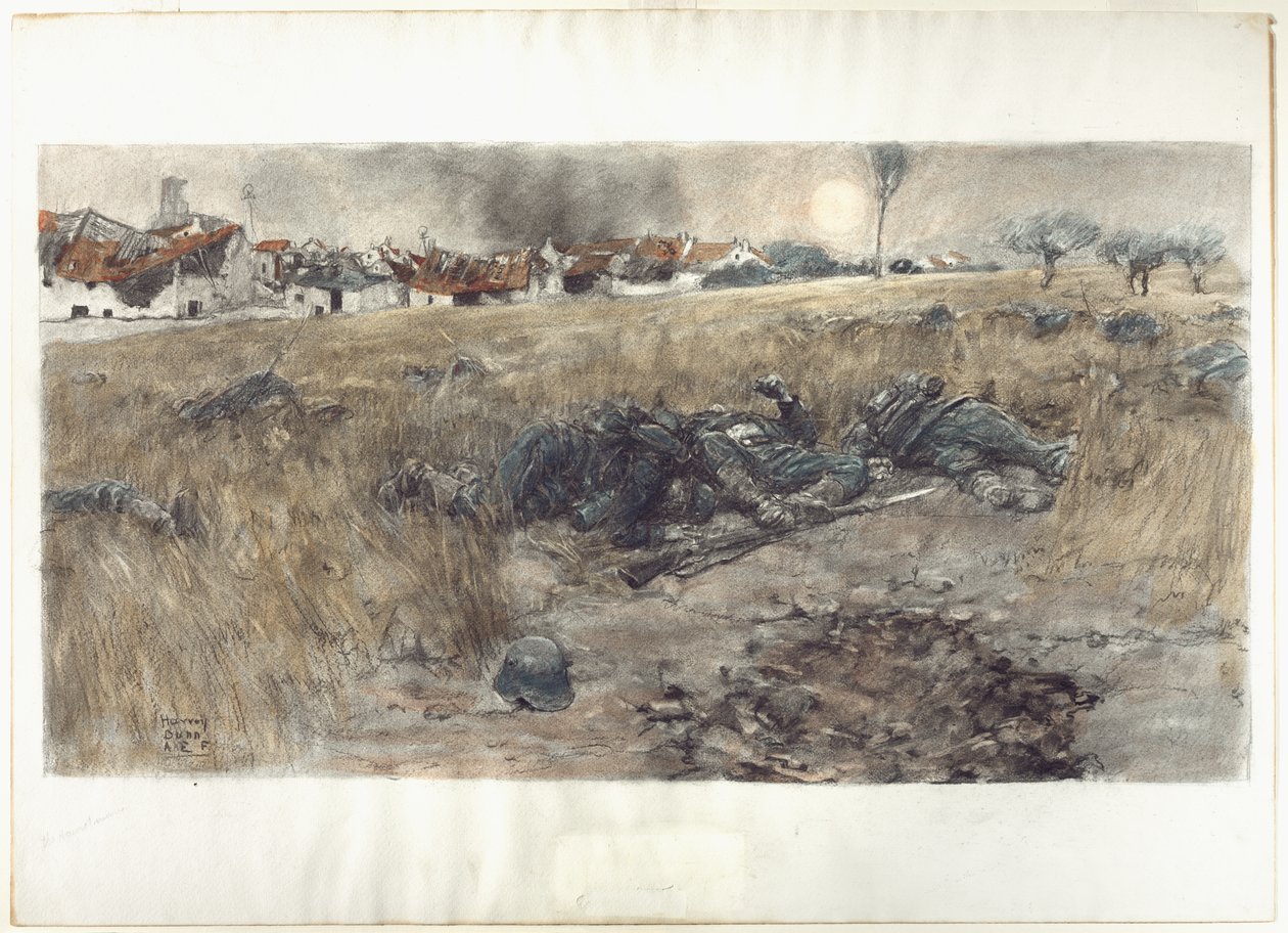 La luna del raccolto, 1918 circa (carboncino e acquerello, pastello su carta) da Harvey T. Dunn