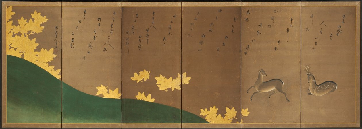 Cervo con aceri, 1605-10 circa (schermo pieghevole a sei pannelli: inchiostro, colore e oro su carta) da Hasagawa & Sodon Tetsuzan (1531 1617) (attr.) Tohaku