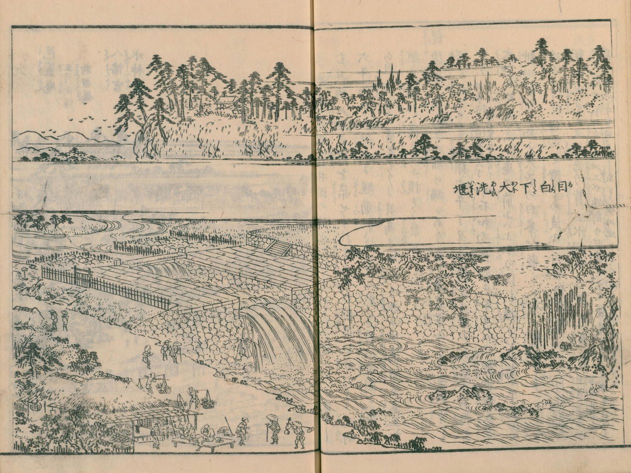 Diga sul fiume Kanda a Mejiro-shita (Sekiguchi) in Edo Meisho Zue vol. 4 (libro 12) da Hasegawa Settan