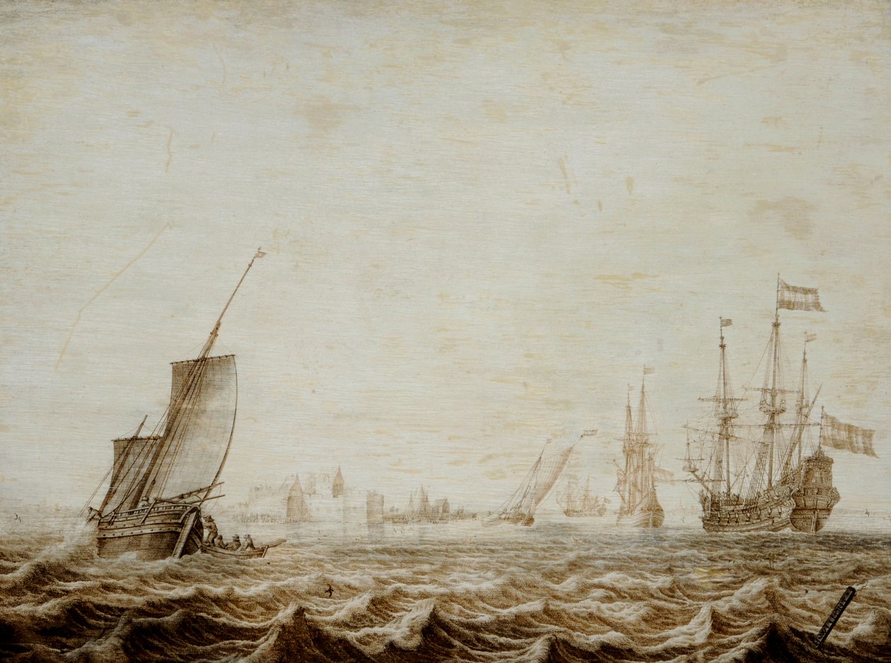 Un Wijdschip che abbassa la vela in un mare mosso, metà del XVII secolo da Heerman Witmont