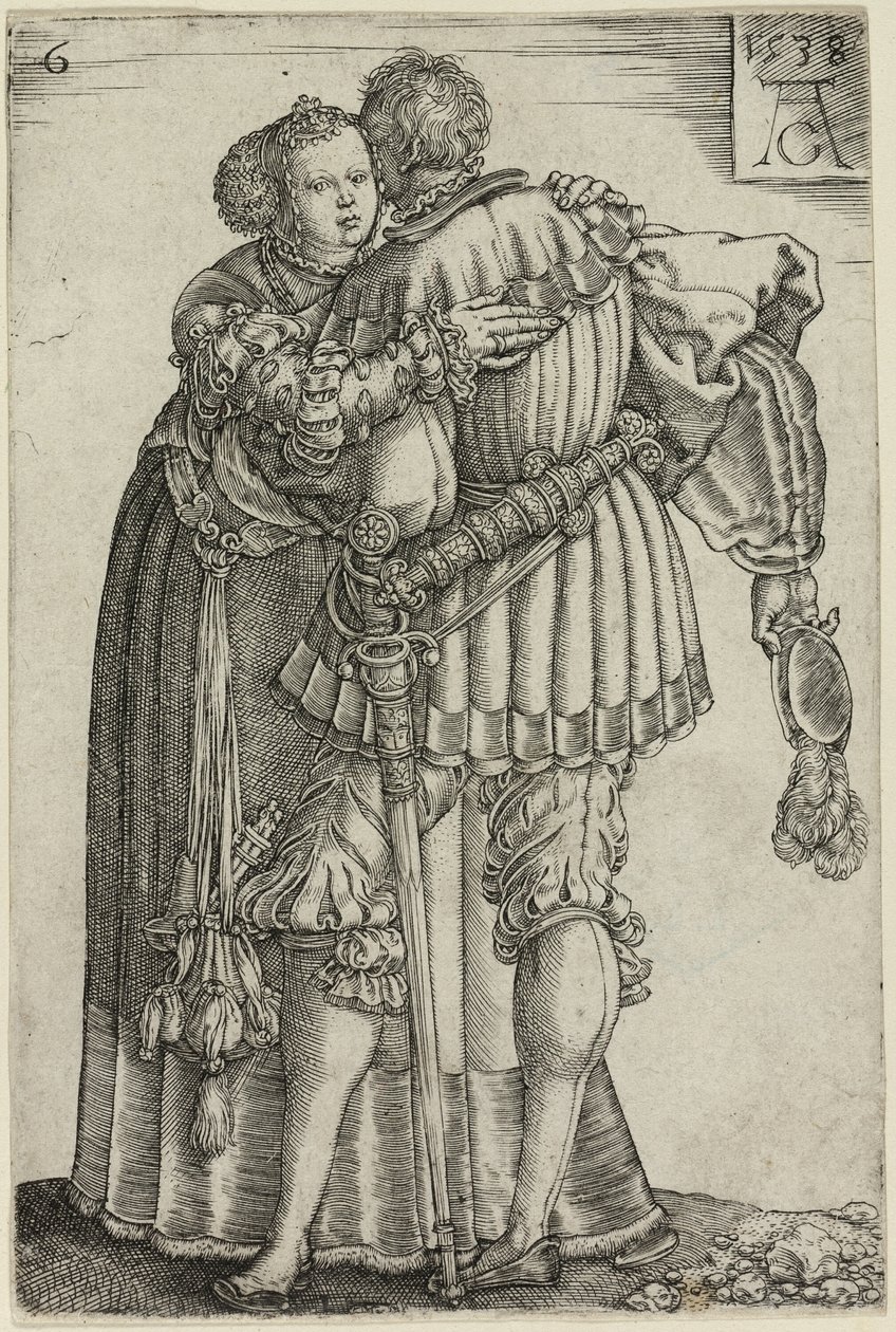Coppia che si abbraccia, tavola sei da I grandi ballerini di nozze da Heinrich Aldegrever