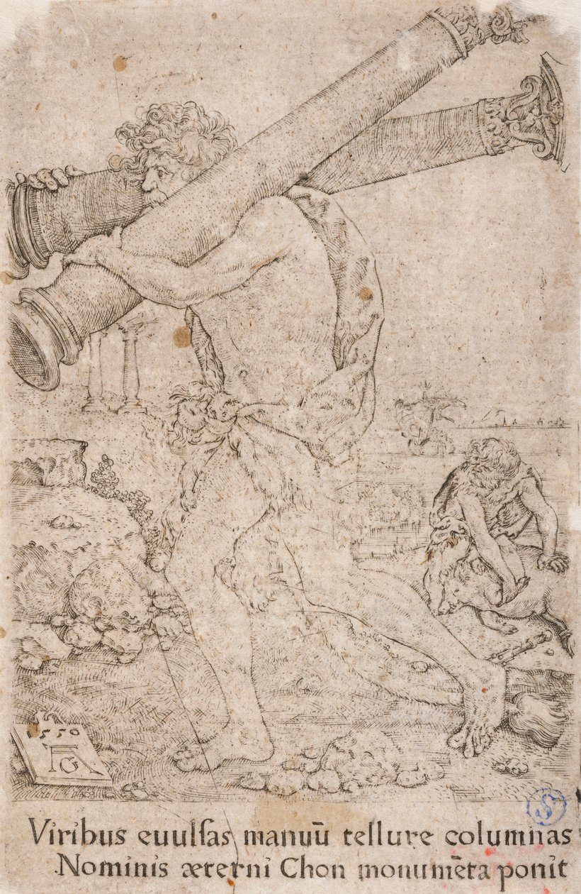 Ercole che trasporta le colonne di Gades, dalla serie:  Le fatiche di Ercole (12) da Heinrich Aldegrever