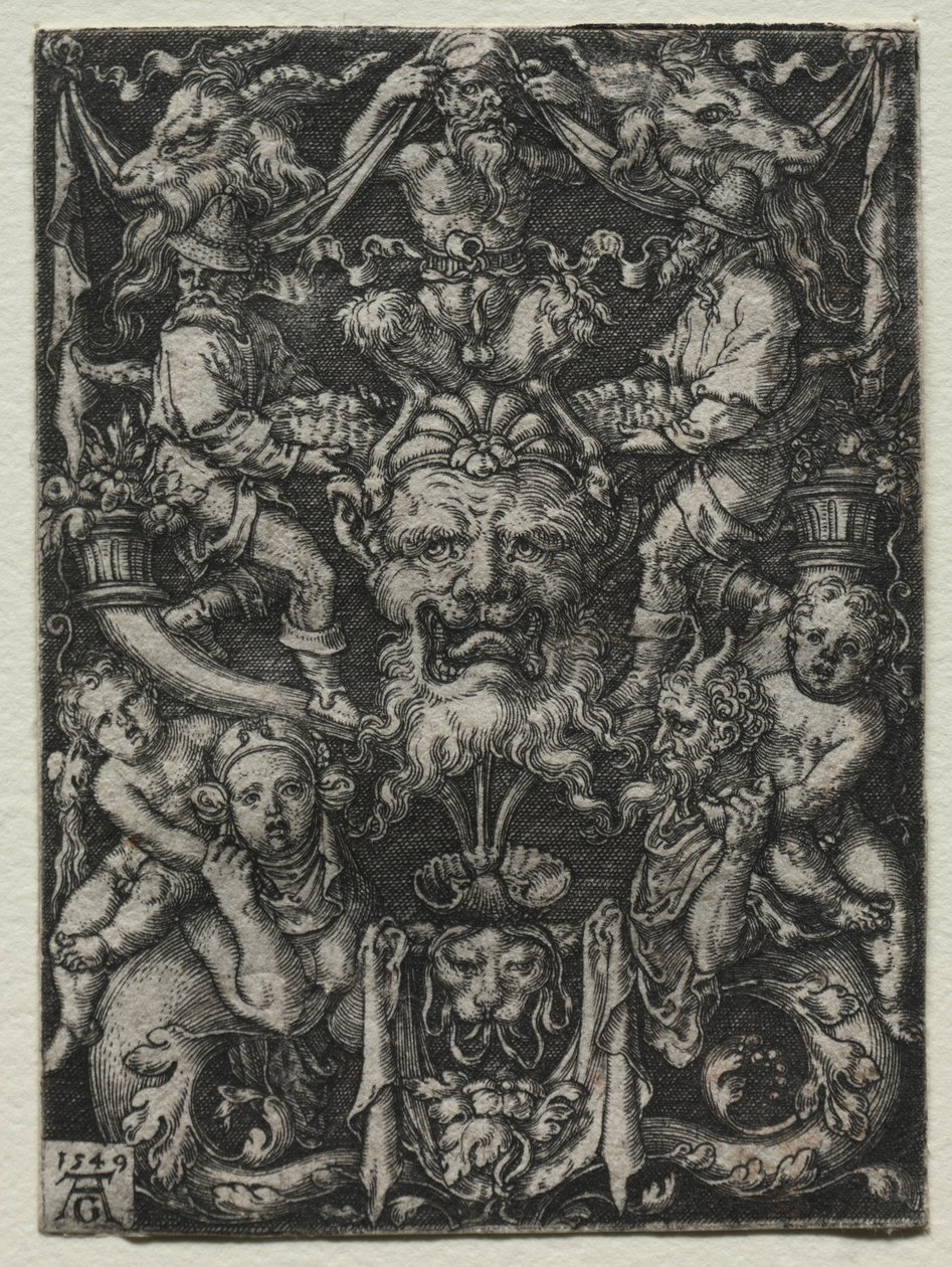 Disegno ornamentale con una maschera, una coppia di tritoni e due bambini sotto, 1549 da Heinrich Aldegrever