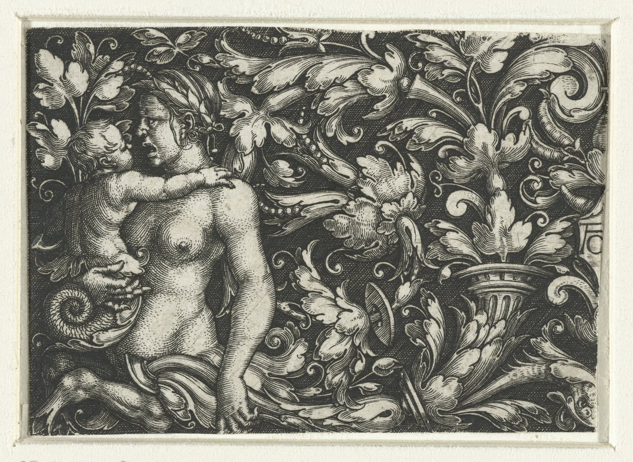 Ornamento con fogliame e una tritone femmina con bambino da Heinrich Aldegrever