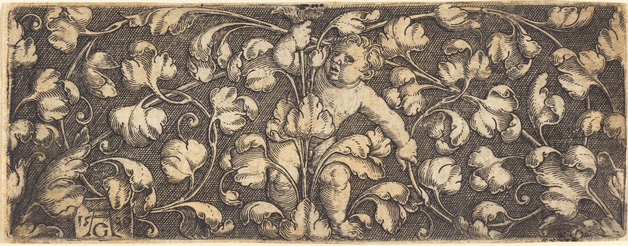 Ornamento con fogliame e un bambino al centro da Heinrich Aldegrever