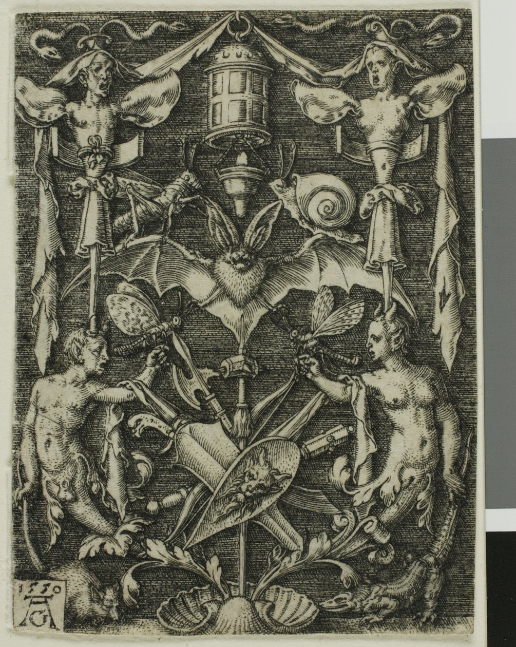 Disegno ornamentale con un pipistrello al centro da Heinrich Aldegrever
