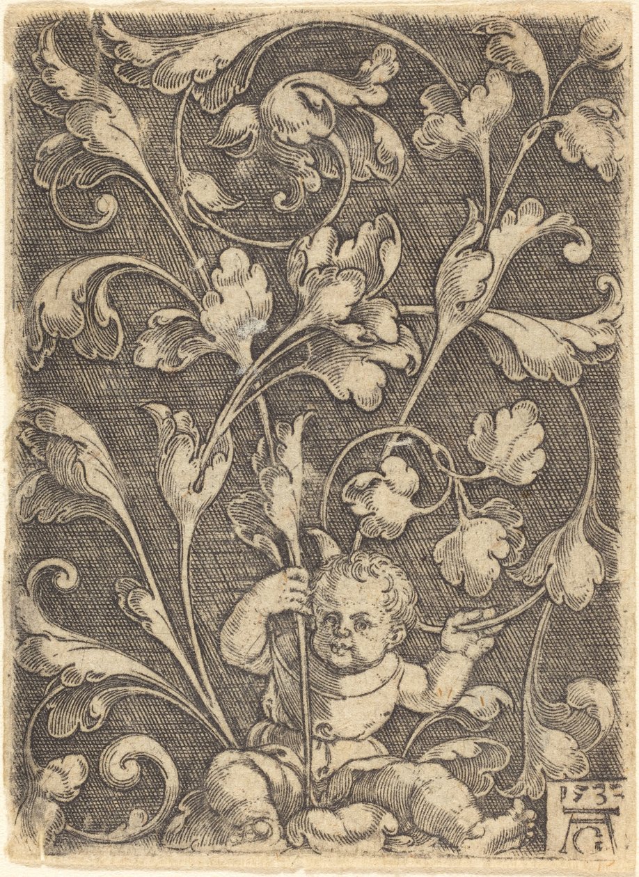 Ornamento a voluta con bambino seduto da Heinrich Aldegrever